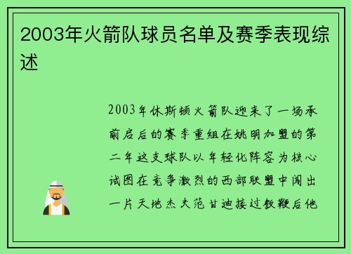 2003年火箭队球员名单及赛季表现综述