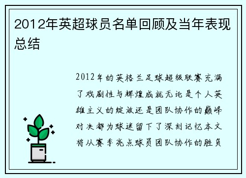 2012年英超球员名单回顾及当年表现总结